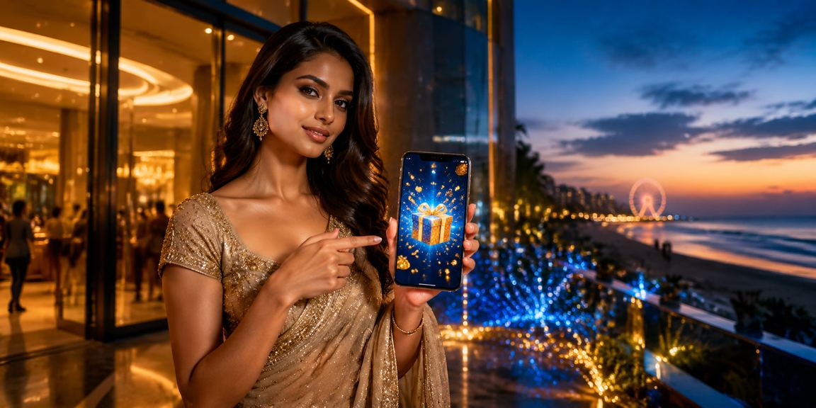 Mobile app user playing Rummy by Chennai Marina Beach with sunset